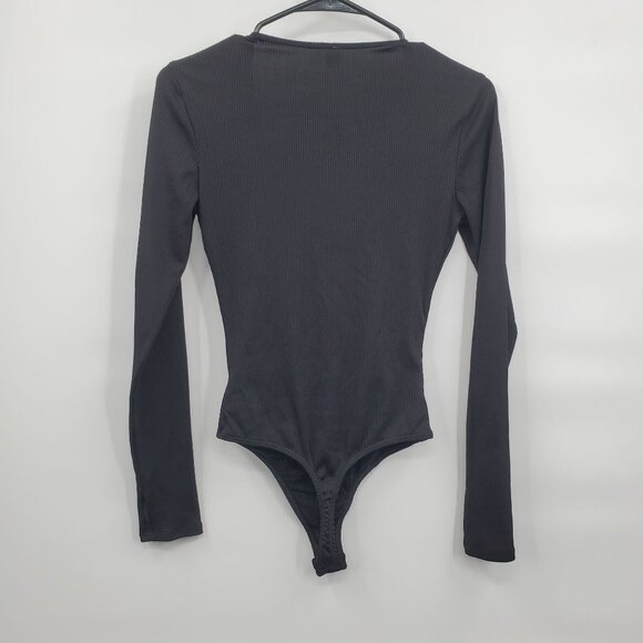 Free People Ribbed Long Sleeve V Neck Bodysuit Women Size Small Petite Black - Picture 8 of 13